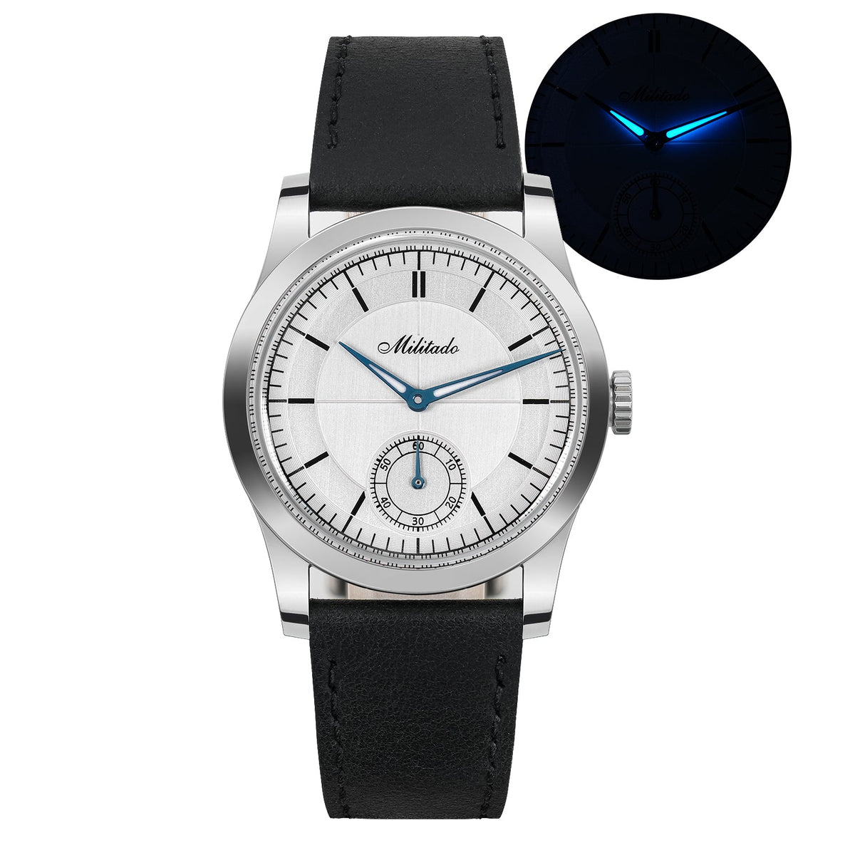 Silver-dial dress watch with glow-in-the-dark inset