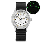White-dial field watch with glow inset