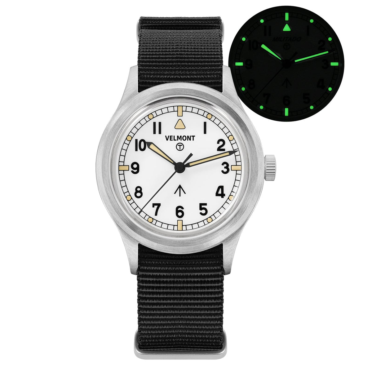 White-dial field watch with glow inset
