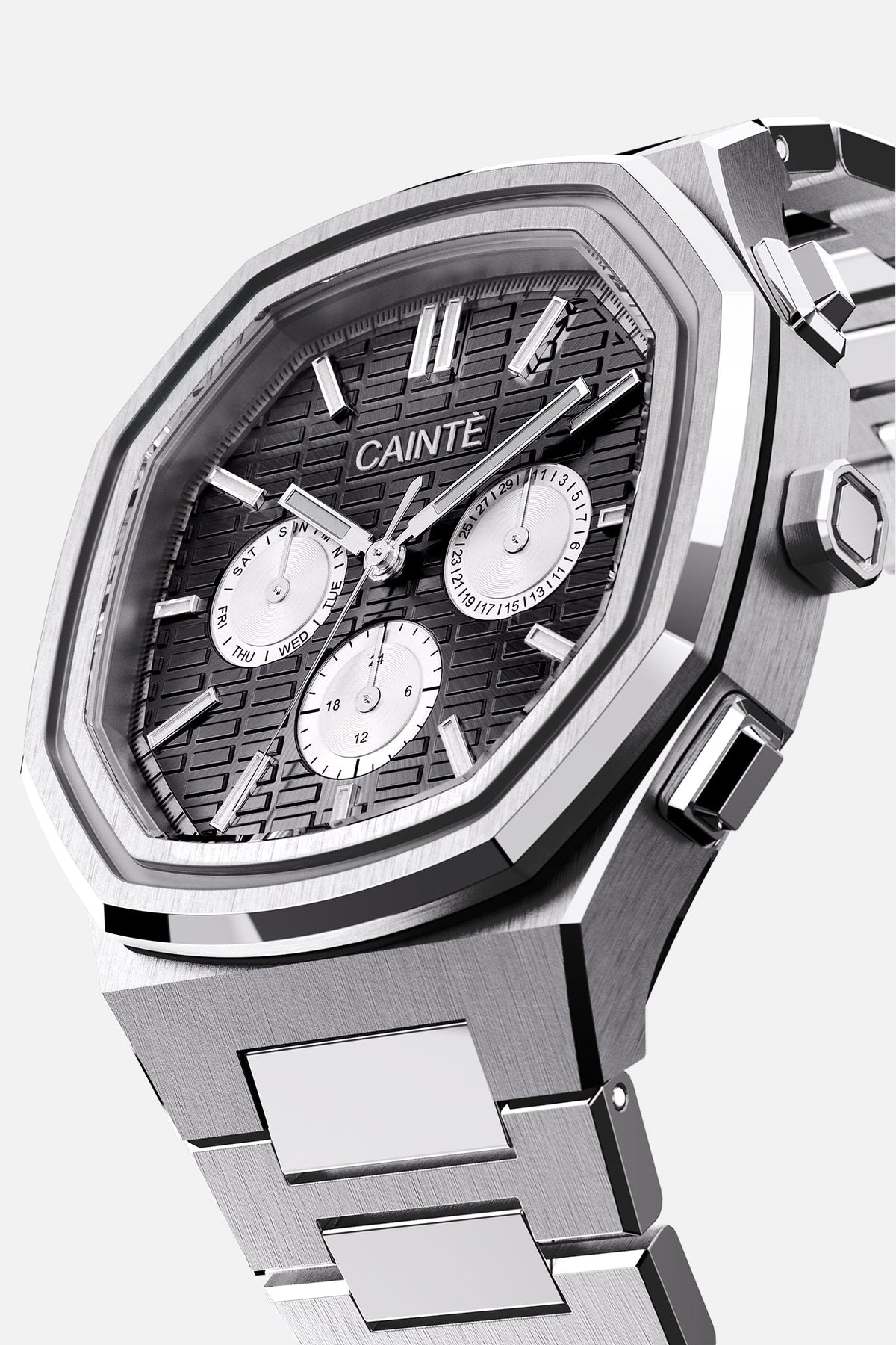 Three-quarter view of the octagonal case and black day-date dial