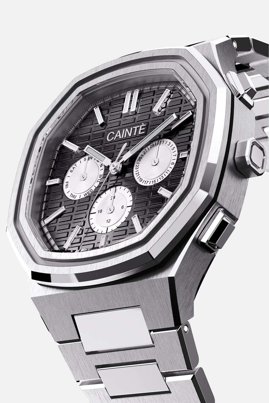 Three-quarter view of the octagonal case and black day-date dial