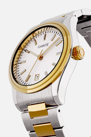 Angled view of the round case and white dial
