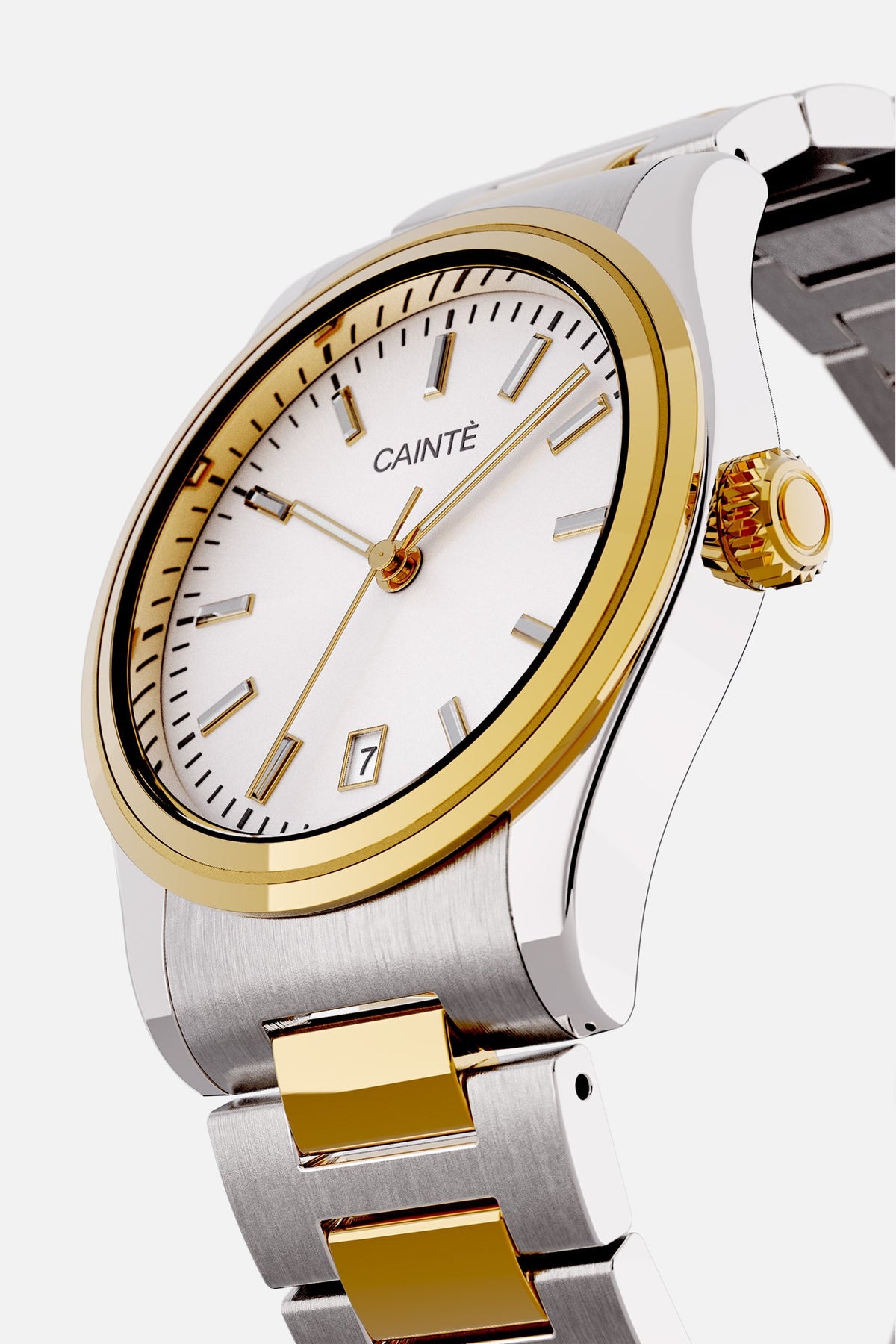 Angled view of the round case and white dial