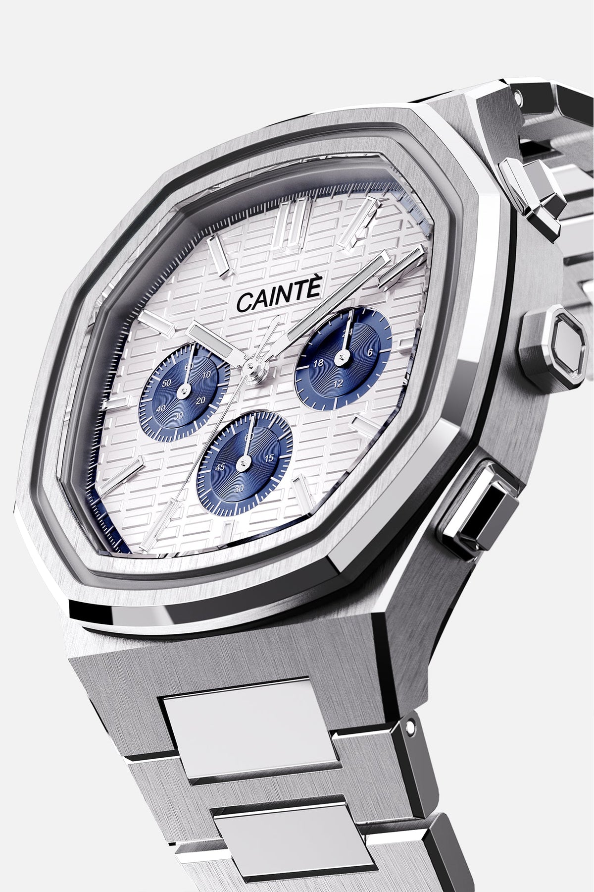 Three-quarter view of the octagonal case and white chronograph dial