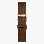 Dark brown strap with tonal stitching and a gold-tone pin buckle.