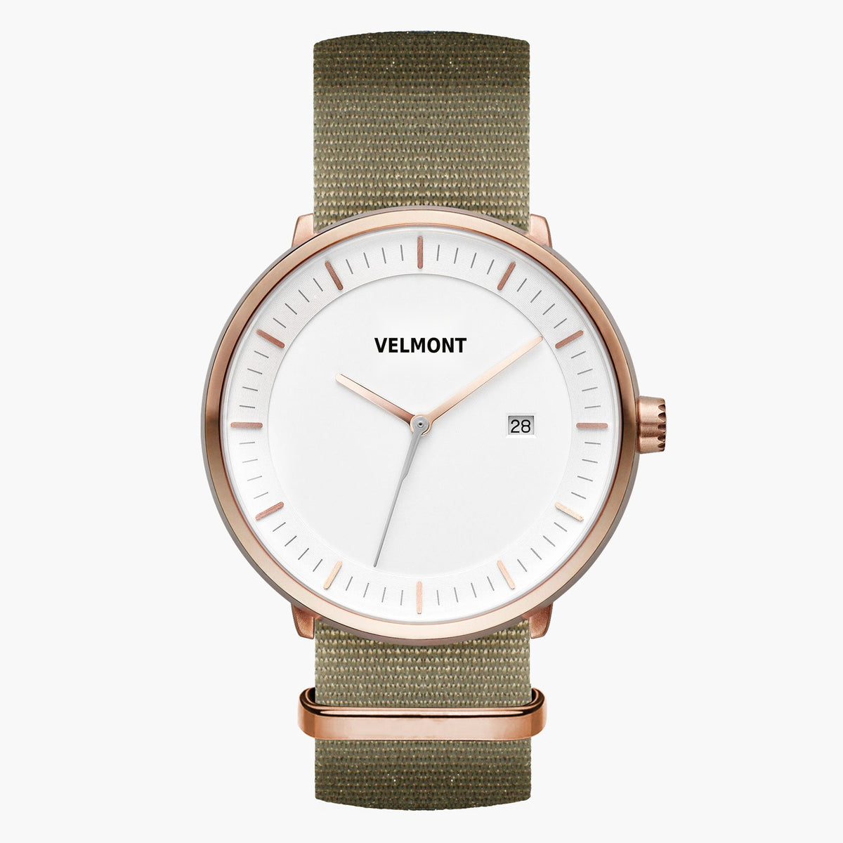 Watch with a white dial and rose gold-tone case on an olive green woven strap.