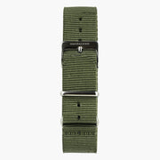 Army green woven strap with a polished metal buckle, laid out flat.