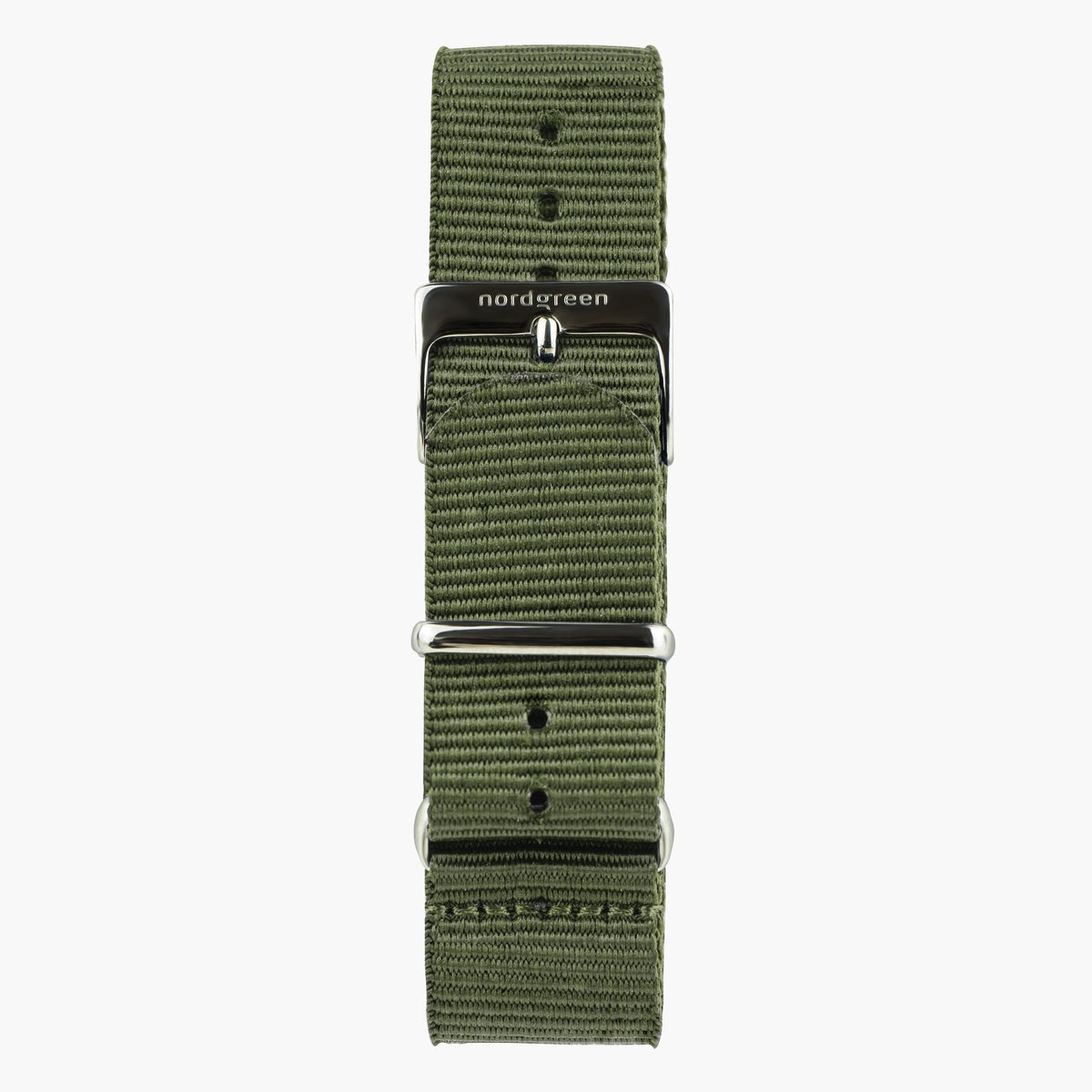 Army green woven strap with a polished metal buckle and keepers.