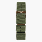 Olive green woven strap with a rose gold-tone buckle and keepers.