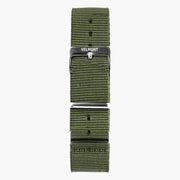Olive woven strap with a silver-tone buckle and metal keeper.