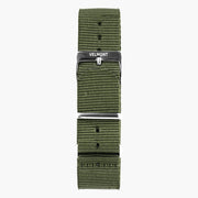 Olive green woven strap with a silver-tone pin buckle, laid out flat.