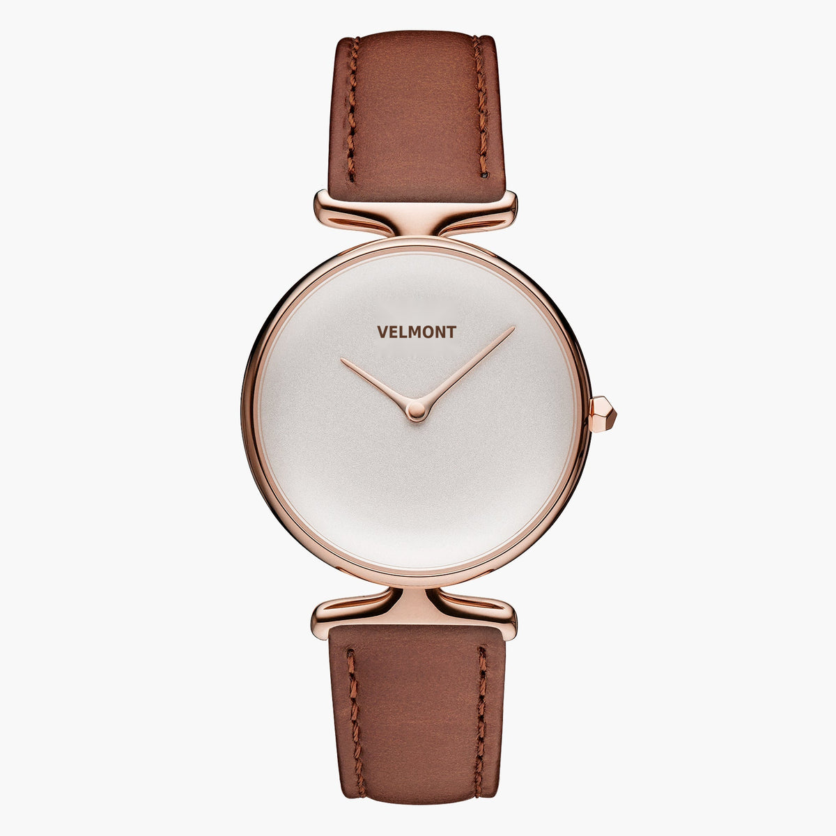 Watch with a plain white dial and rose gold-tone case on a brown strap, front view.