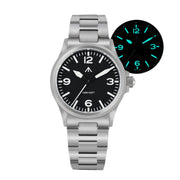 Steel pilot-style watch with 12-3-6-9 dial and glow inset
