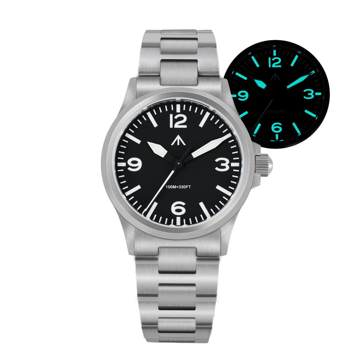 Steel pilot-style watch with 12-3-6-9 dial and glow inset