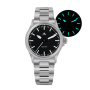 Steel pilot-style watch with glow-in-the-dark inset