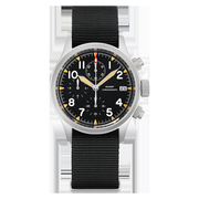 Cream-indices chronograph on a black nylon strap, black background