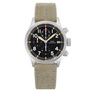 Chronograph with cream hands and orange accents on a khaki canvas strap, black background