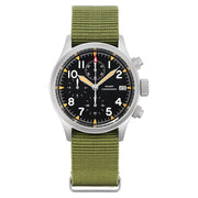Cream-indices chronograph on a green nylon strap, front view