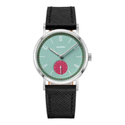 Mint green dial watch with red sub-dial, front view