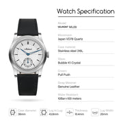 Specification card for the silver-dial dress watch