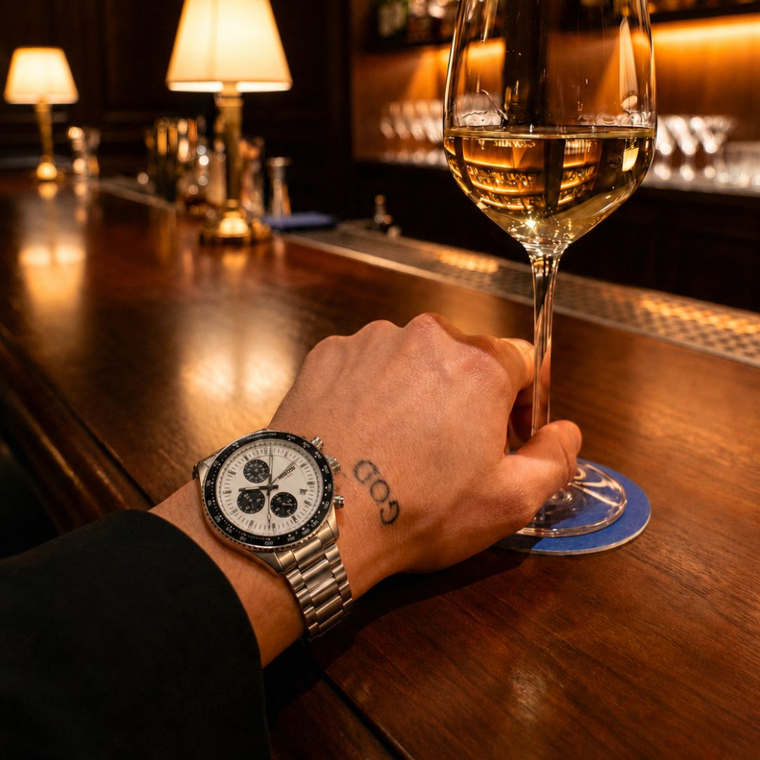 Panda chronograph at a bar with a wine glass