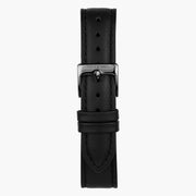 Black strap with a gunmetal pin buckle and keepers.