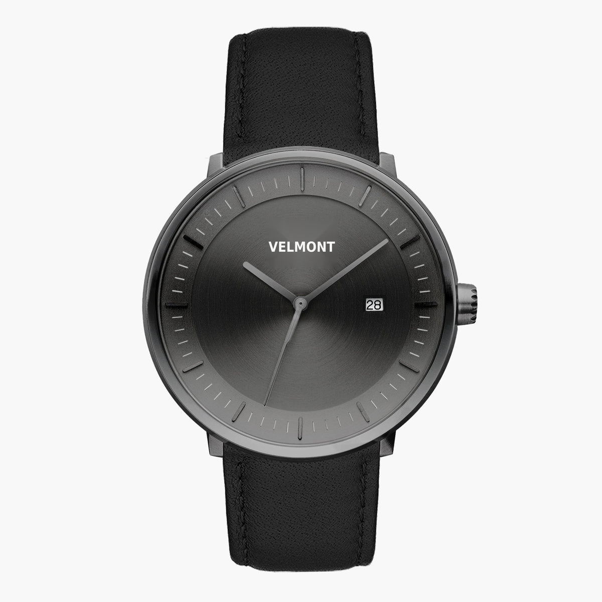 Watch with a dark gray sunburst dial and gunmetal case on a black strap.