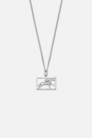 Silver-tone necklace with a rectangular horse and rider plaque, front view on a light background