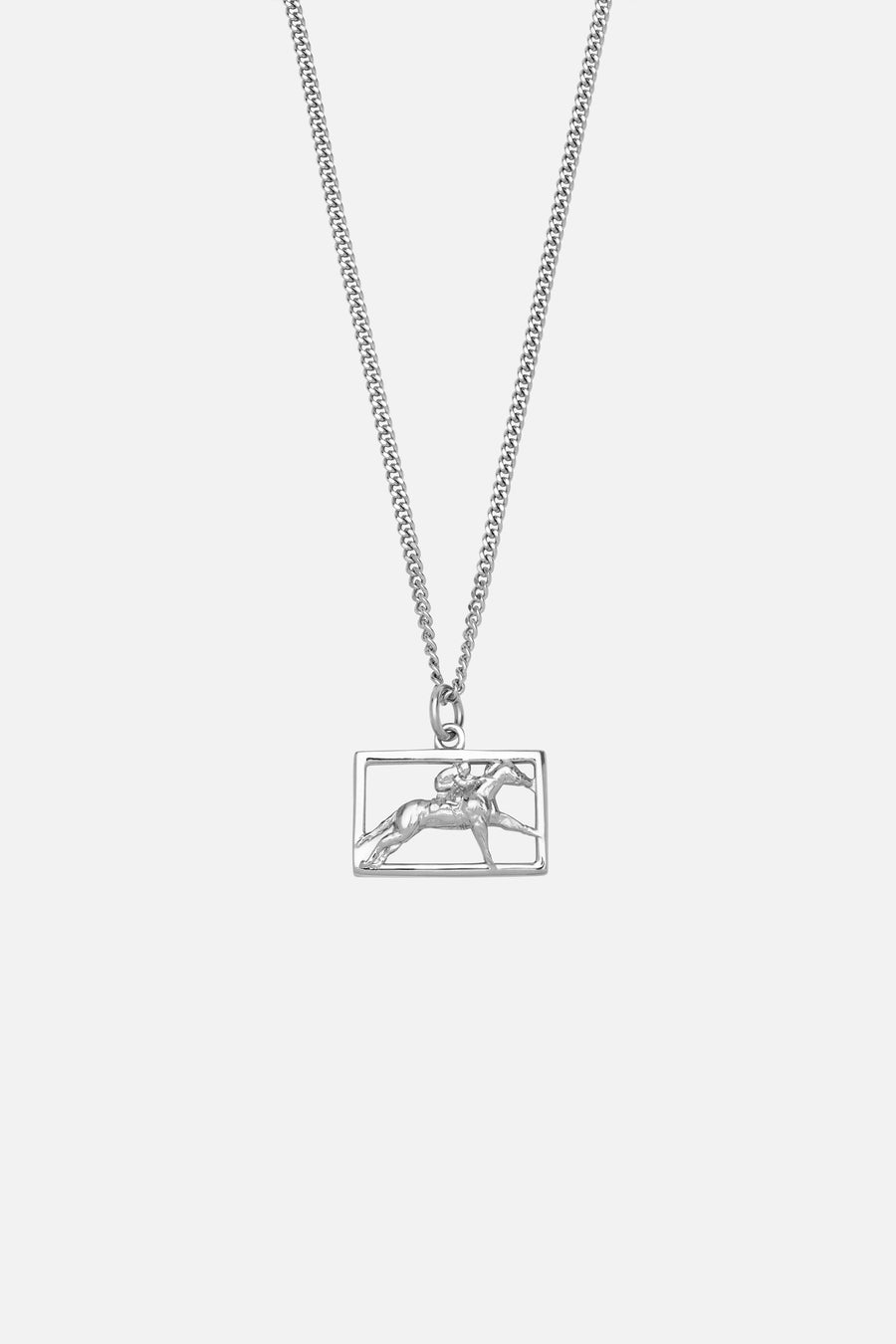 Silver-tone necklace with a rectangular horse and rider plaque, front view on a light background
