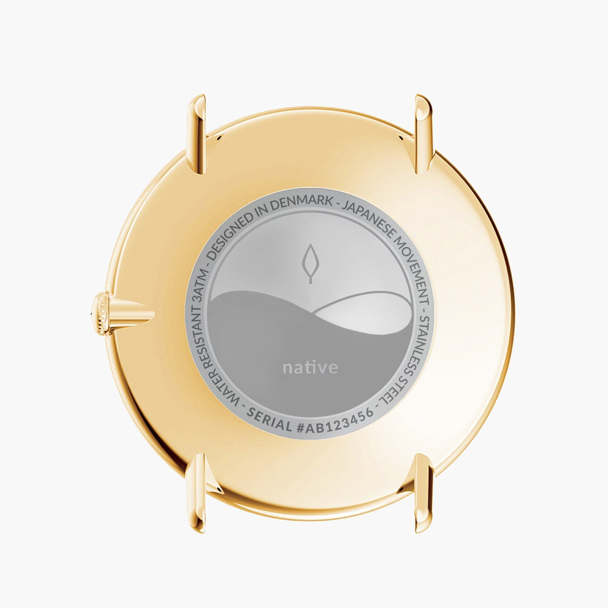 Back of the gold-tone case with an engraved silver-tone center disc.