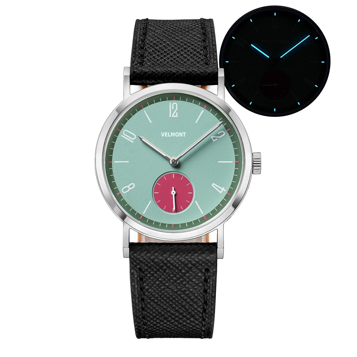 Mint green dial watch with red small-seconds sub-dial and glow inset