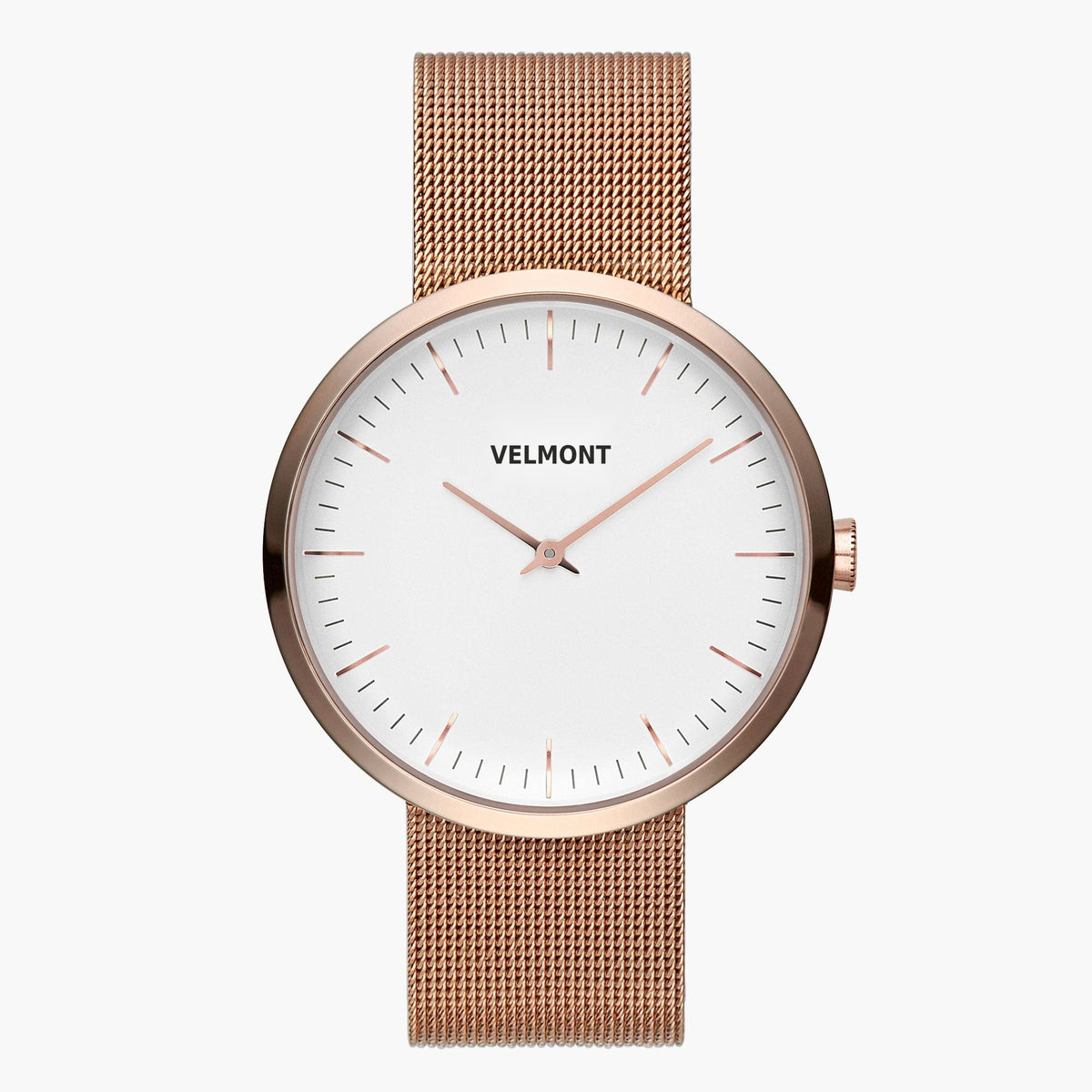 Minimalist watch with a white dial, rose gold-tone case and matching mesh strap.