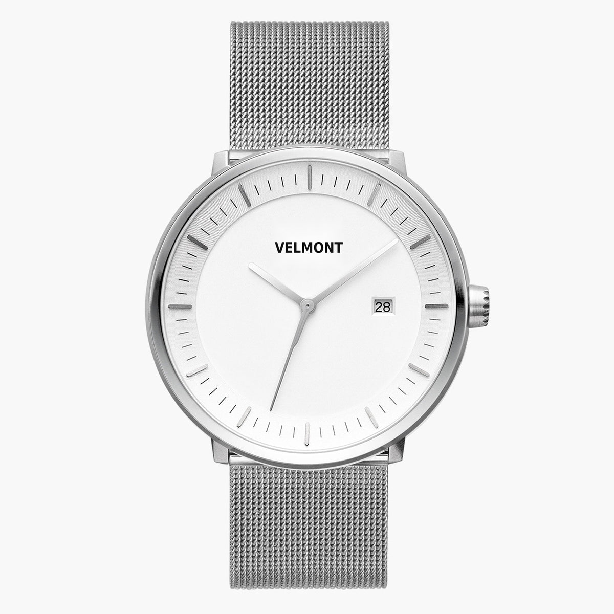 Front view of a silver-tone watch with a white dial on a silver-tone mesh strap.