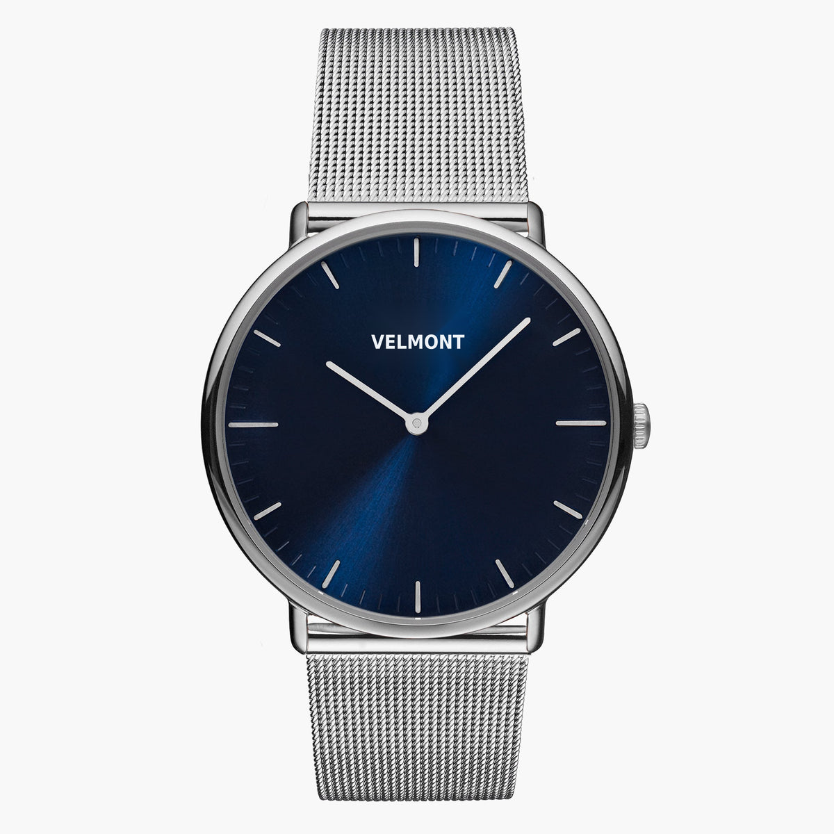 Navy sunburst dial in a silver-tone case on a silver-tone mesh strap.