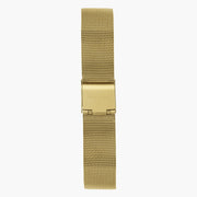 Gold-tone mesh strap with a fold-over clasp, standing upright.