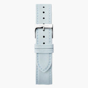 Light blue textured fabric strap with tonal stitching and a silver-tone buckle.