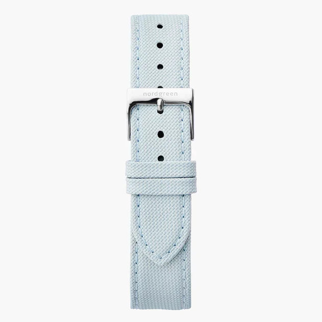 Light blue textured fabric strap with tonal stitching and a silver-tone buckle.