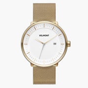 Gold-tone mesh strap watch with white dial, front view