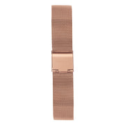 Rose gold-tone mesh band with a sliding clasp, shown flat.