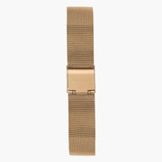 Warm metallic mesh strap with a flat fold-over clasp, shown upright.