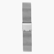 Silver-tone mesh strap with a flat fold-over clasp.