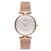 Minimalist watch with a soft white dial and rose gold-tone mesh strap, front view.