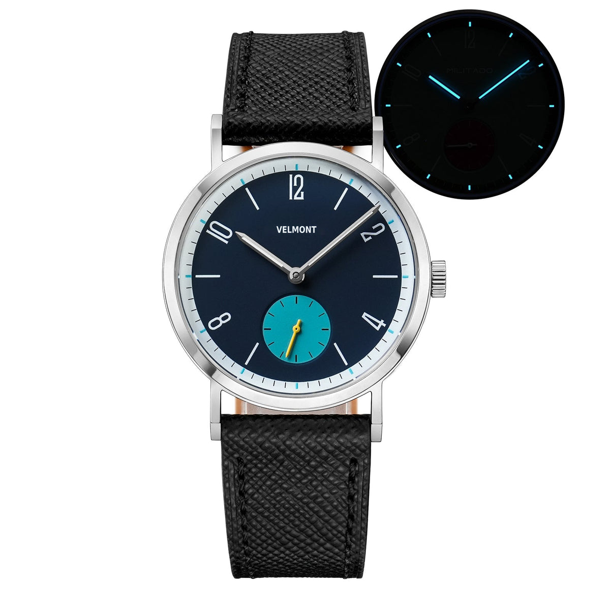 Navy-dial watch with cyan small-seconds sub-dial and glow inset