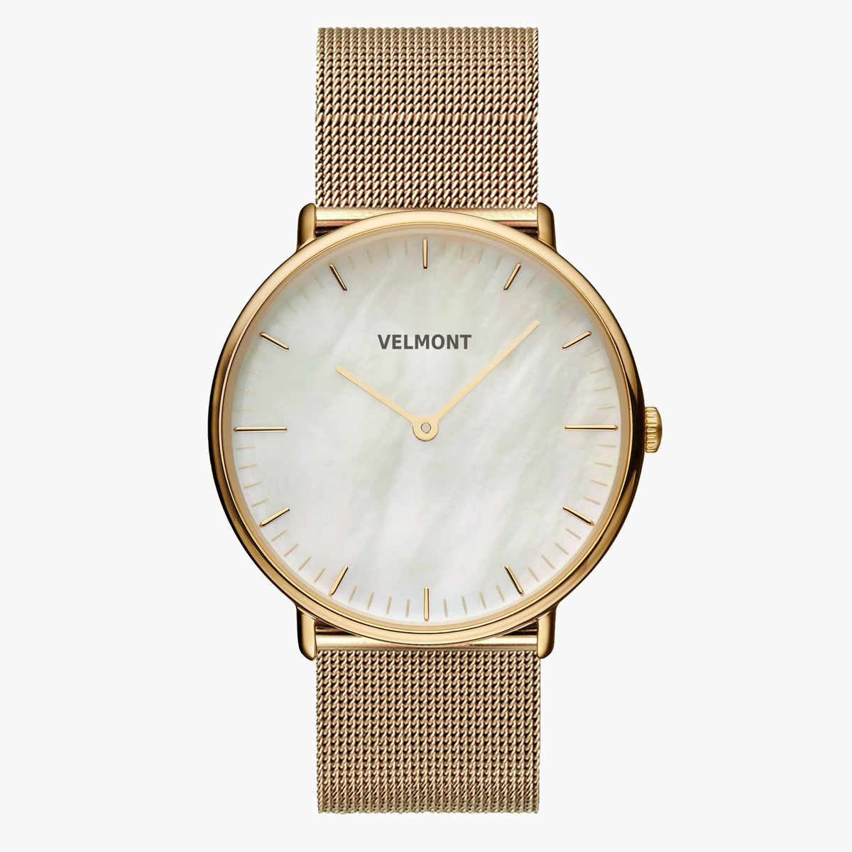 Gold-tone watch with a pearlescent white dial on a gold-tone mesh strap.