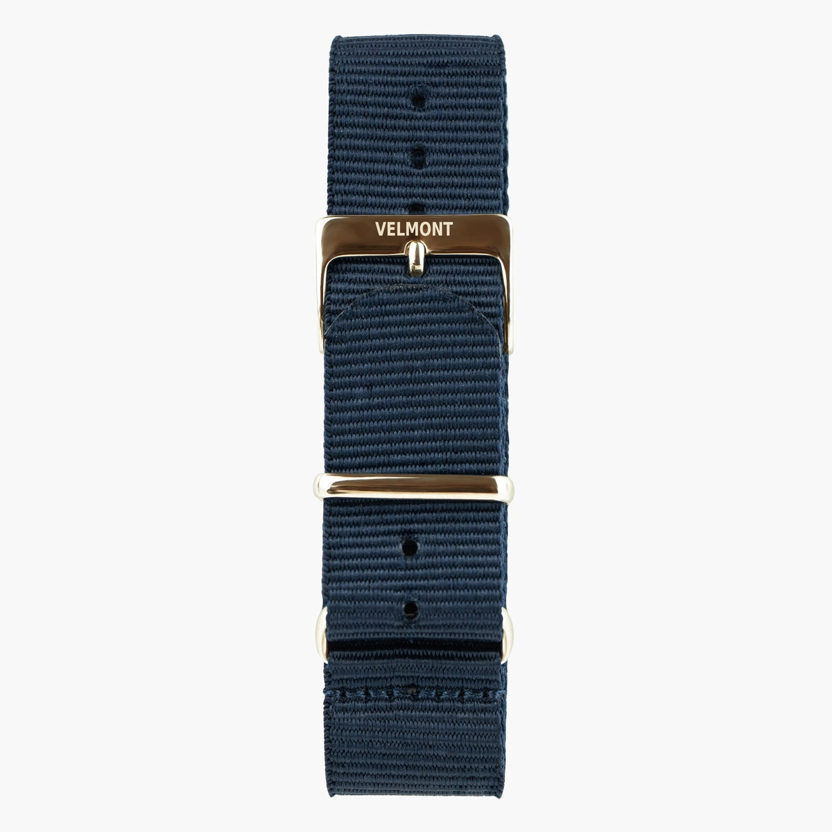 Navy woven strap with a light metal buckle and keepers, laid out flat.
