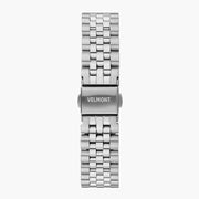 Five-row silver-tone link bracelet with a fold-over clasp, laid flat.