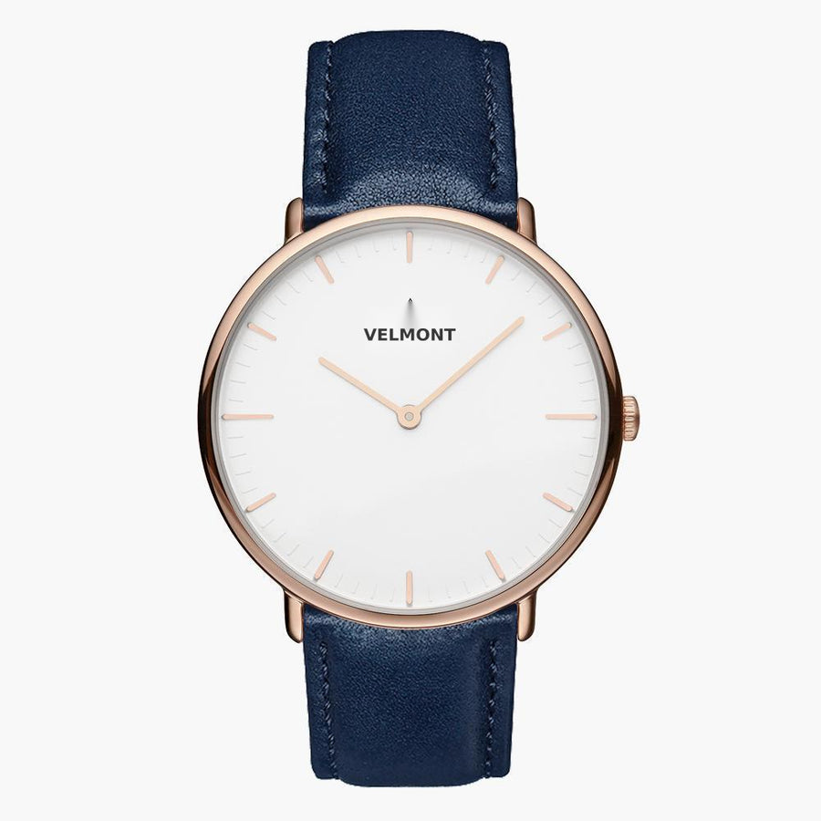 Nordgreen Native 32Mm Rose Gold Watch With White Dial And Navy Leather Strap