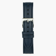 Navy strap with tonal stitching and a silver-tone pin buckle.