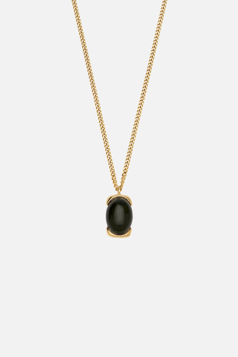 Gold-tone necklace with a black oval pendant, front view on a light background