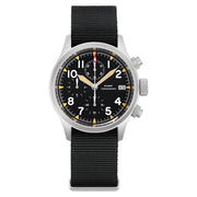 Cream-indices chronograph on a black nylon strap, front view